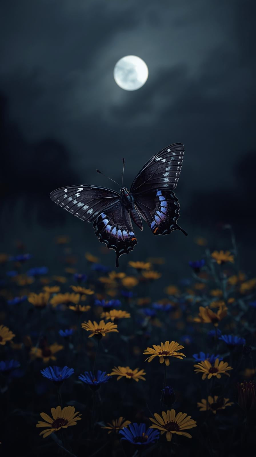 Butterfly flying over flowers under a full moon